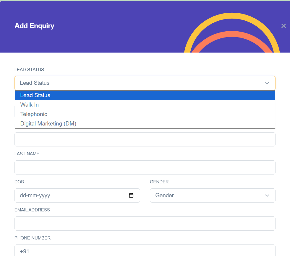 New enquiry form in the preschool admin software, with the lead source dropdown open showing walk-in, telephonic and digital marketing