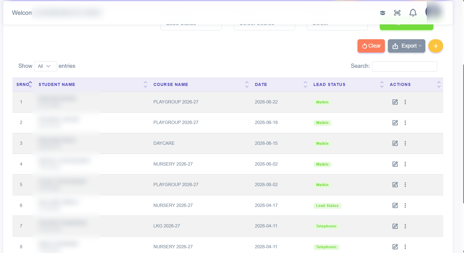 Enquiry list in the preschool admin software showing course, date and lead status for each entry, with parent details blurred