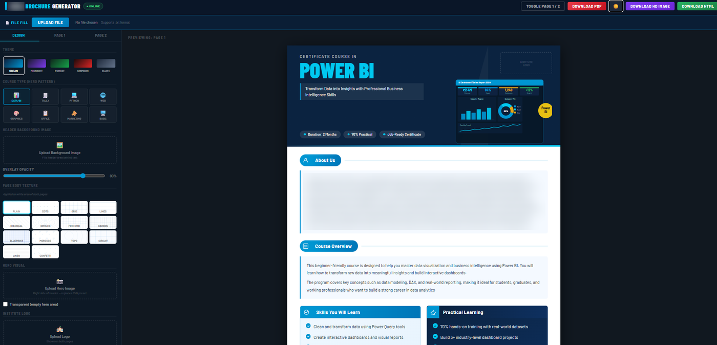 Custom brochure design app — select theme and course, live preview updates instantly (institute details blurred)