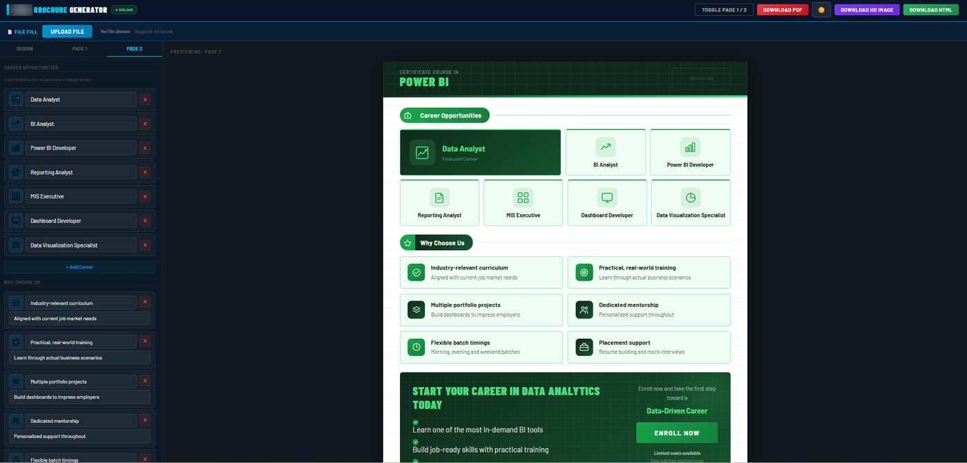 Second page of a generated brochure — career section, built in one click