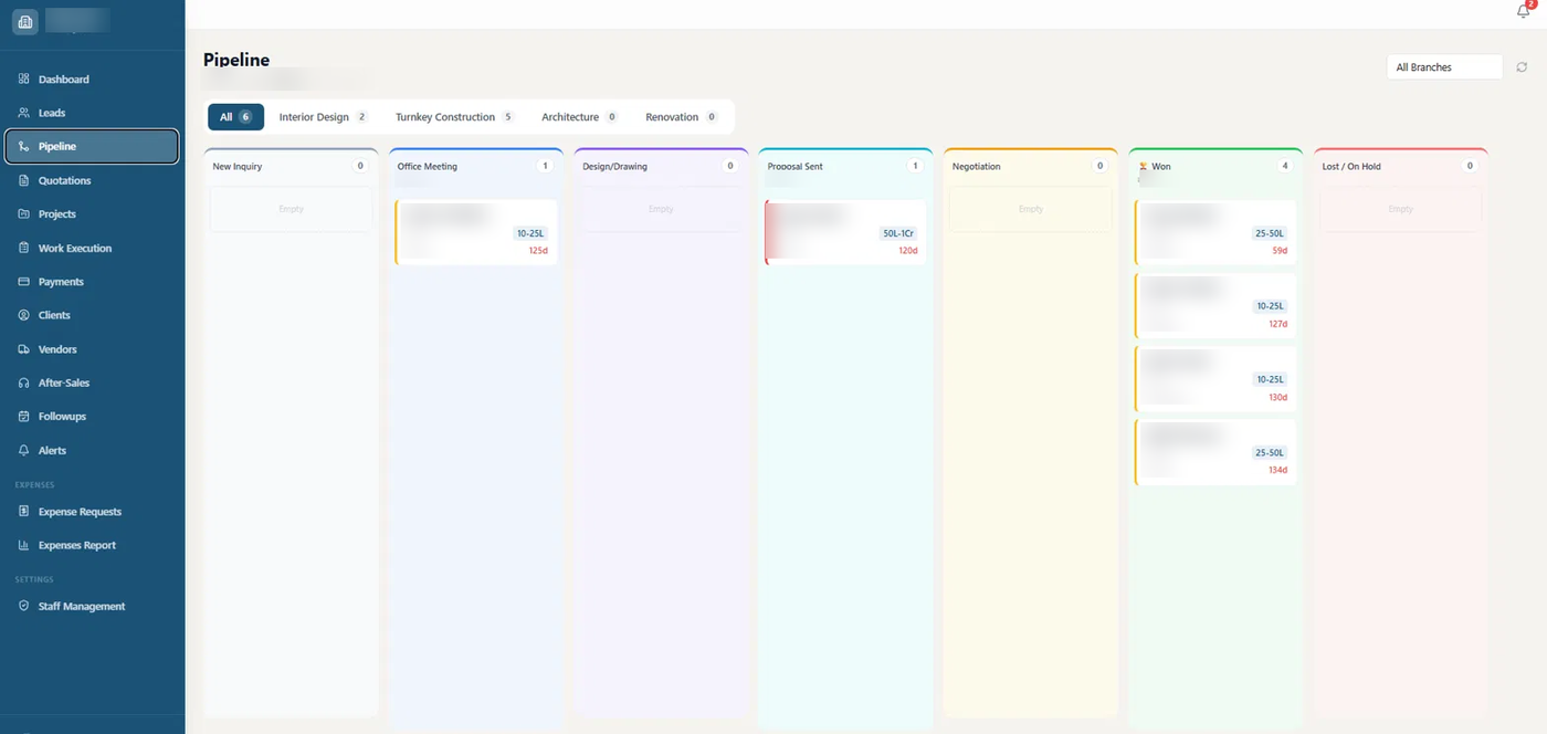 Multi-user construction CRM showing site-wise work reports (dummy data)