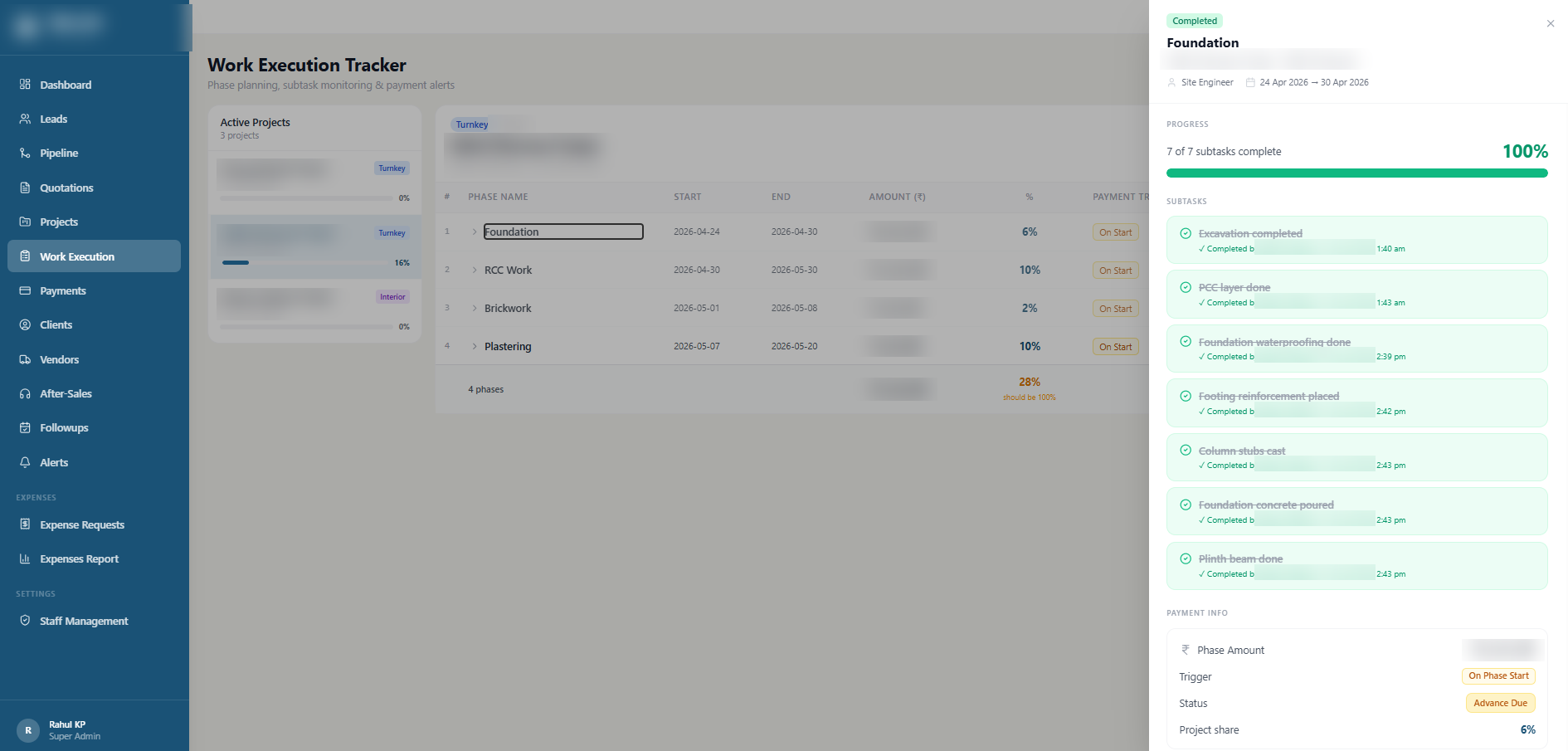 Multi-user construction CRM built with AI tools — phase-wise work execution tracker with site reporting (client details blurred)