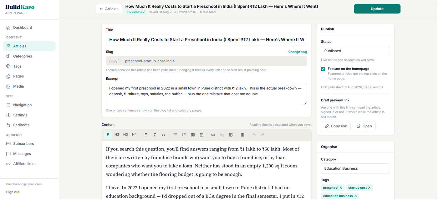 The article editor inside the admin panel, with the first article open