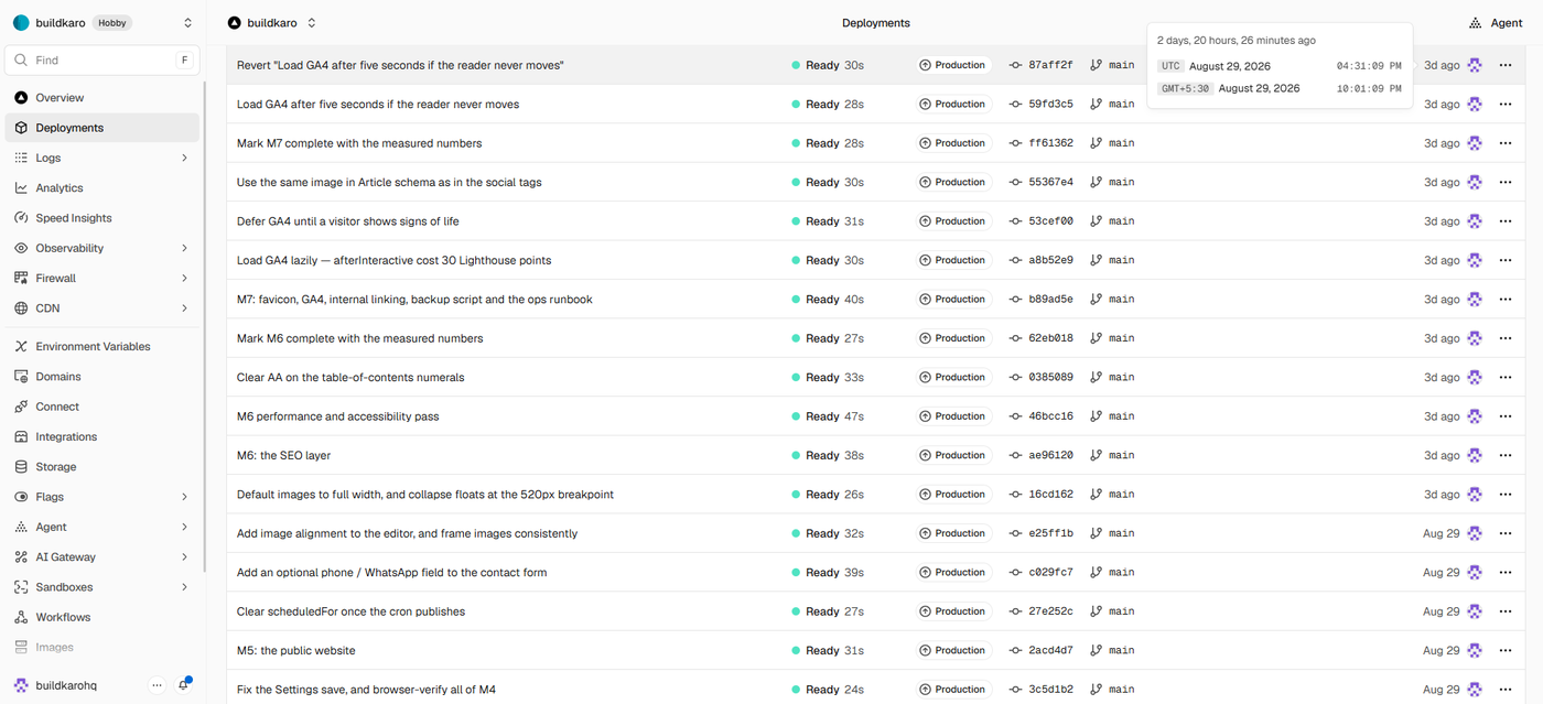 Vercel deployment list for 29 August: M2 to M7 shipped in one day