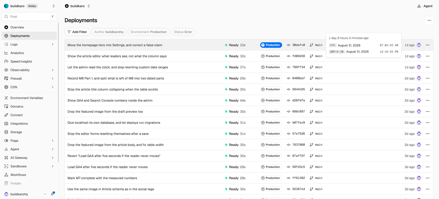 Post-launch fixes on 30–31 August, including the separate test database