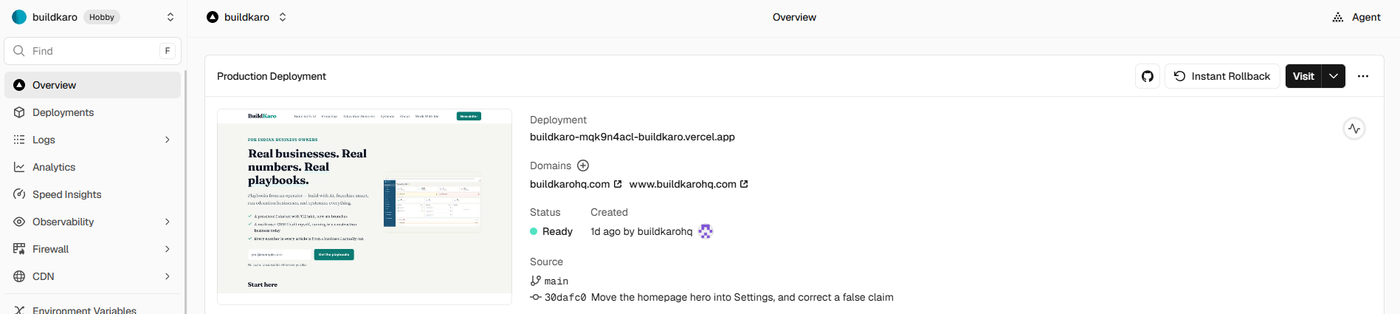 Vercel project on the free Hobby plan, buildkarohq.com connected