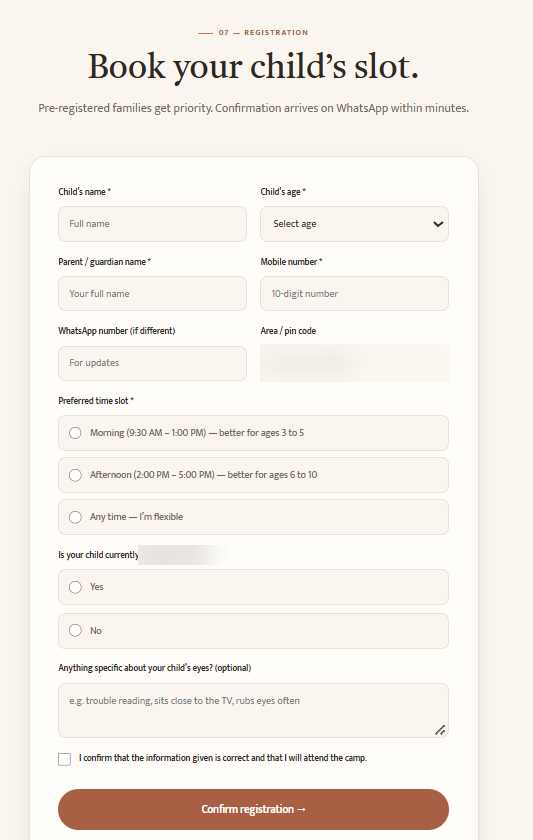 Registration form built for a free children's eye-checkup camp run by my preschool