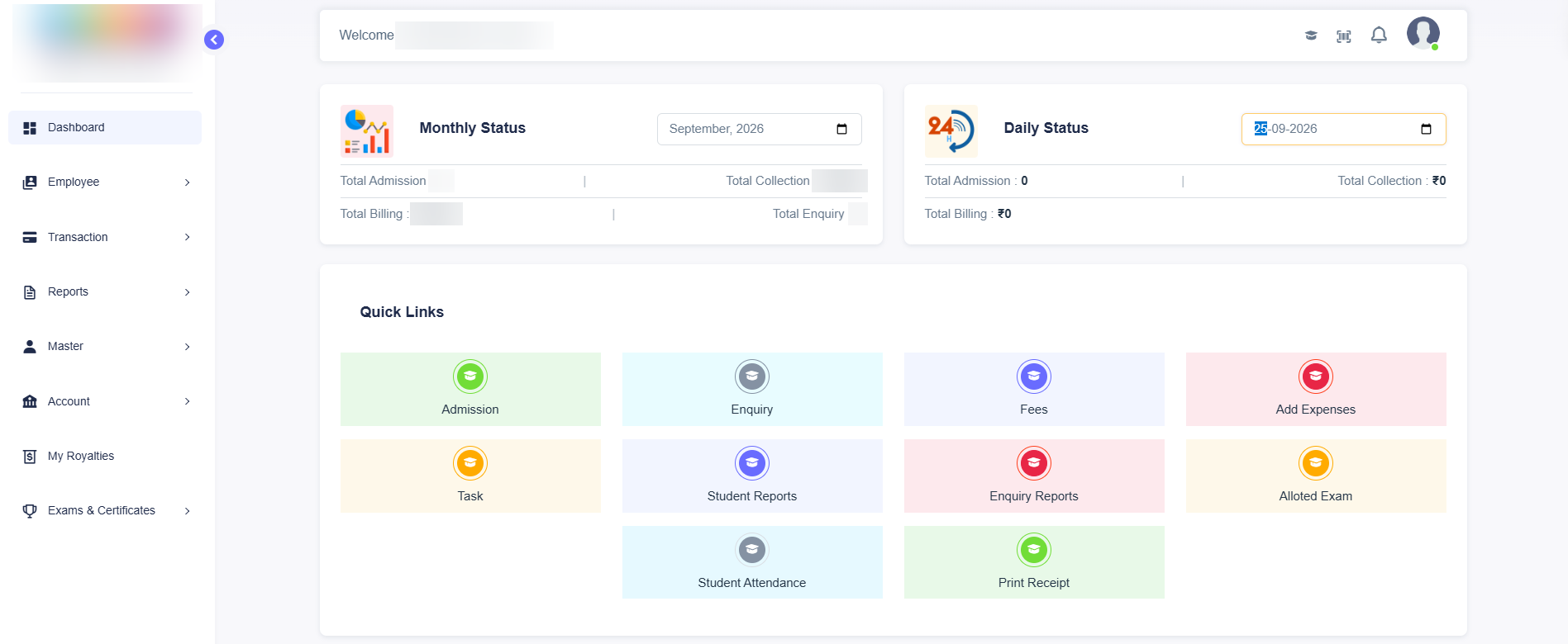 Custom school app dashboard with monthly status and quick links for admissions, enquiries, fees and attendance